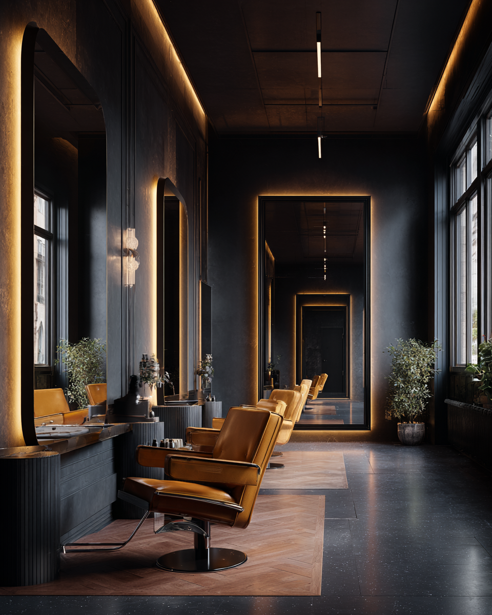 NOIR SALON 내부 인테리어 — 고급스러운 블랙 계열 인테리어